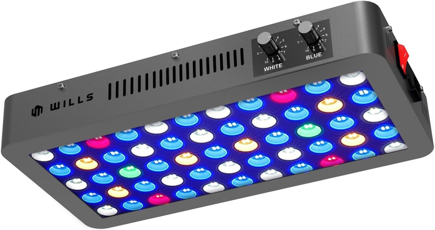 Wills Aquarium Light, 100W Full Spectrum LED Reef Lights, 16″x8″x2.4″ | Coral Saltwater Fish Tank, Blue/White Dual Dimmable Channels, 55 Premium SMD LEDs, Daisy Chain Design, Hanging Kit