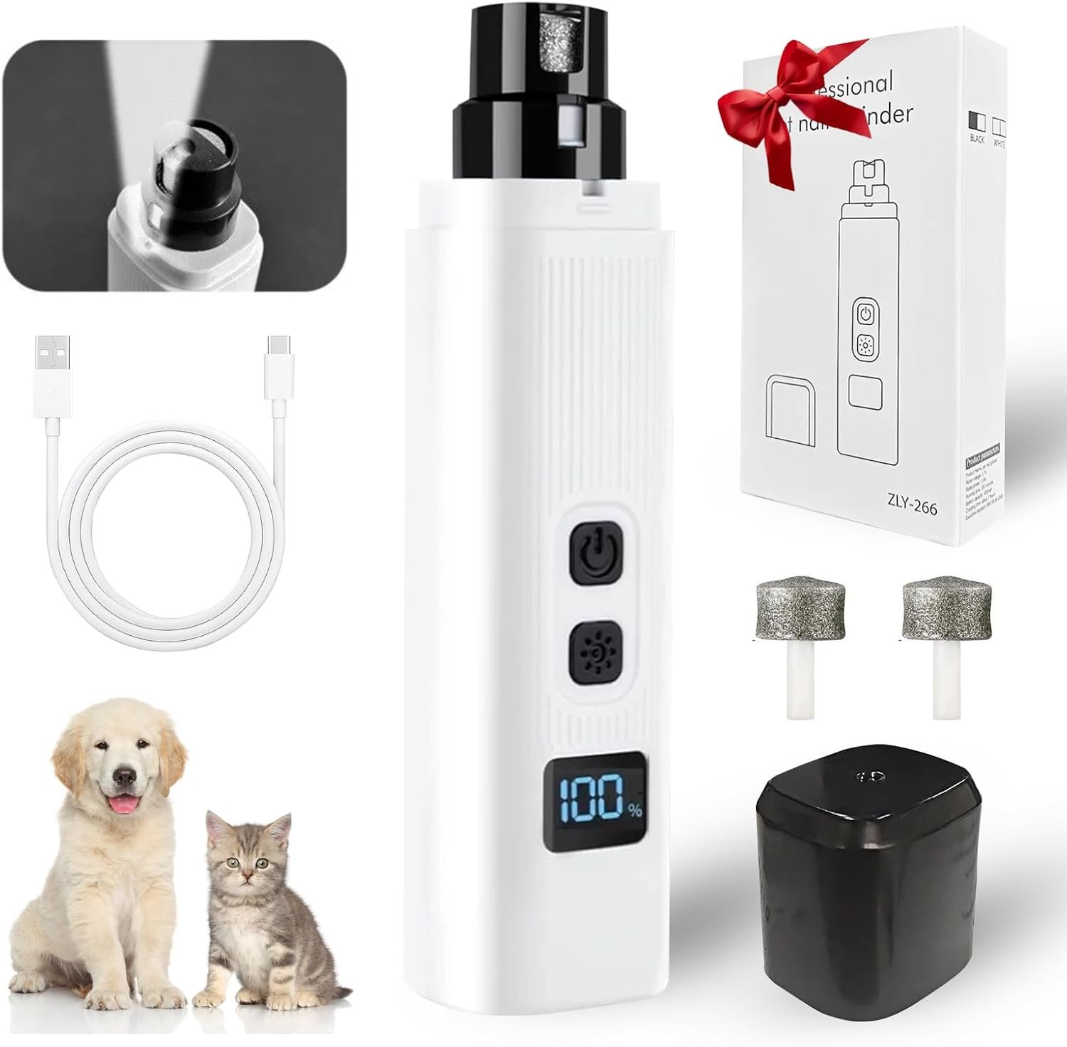 Dog Nail Grinder, Electric Pet Nail Grinder with 2 Speed Digital USB Rechargeable Dog Nail Trimmer Nail Claw Clippers with LED Lighting Quiet Paws Grooming for Medium Small Dogs Pet