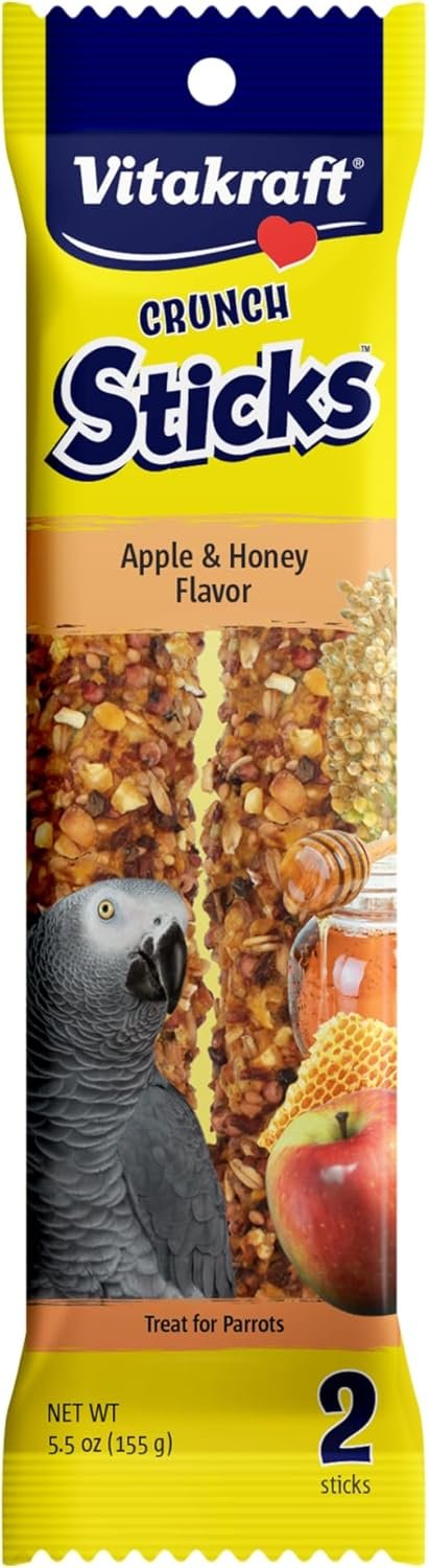 Vitakraft Crunch Sticks Parrot Treat Apple and Honey Flavor – 2 Sticks Per Pack Triple-Baked Crunchy Treat Sticks with Natural Wood Chew Center & Cage Clip Holder