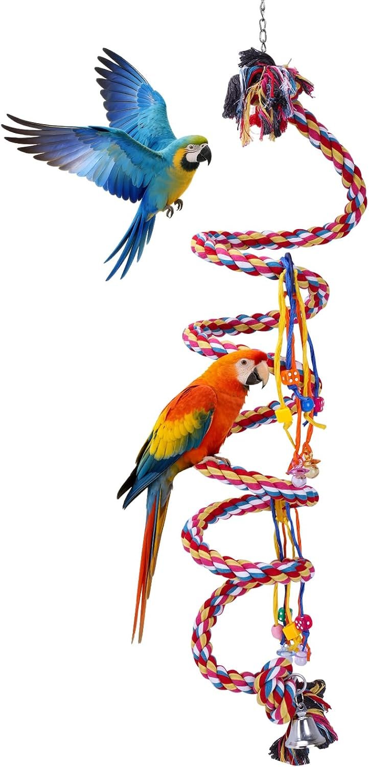 110″ Ultra Long Bird Rope Perch Toys for Macaws. Heavy Duty Climbing Swing | For Cockatoos, African Greys, Amazons,Large Bird | Bell & Acrylic Enrichment Chewing Toys| 1”Thick Cotton Rope Spiral Play