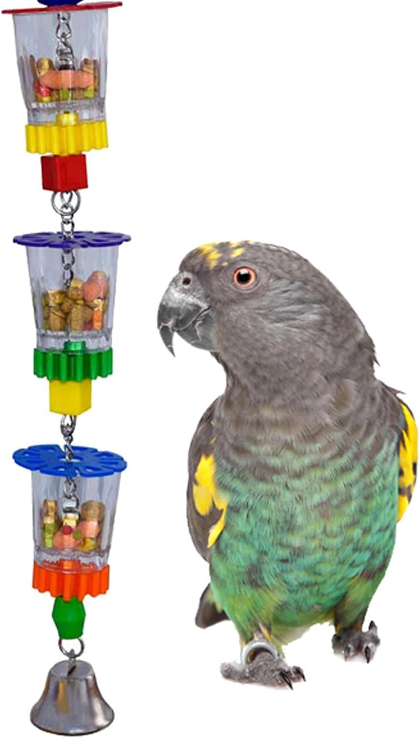 Super Bird Creations SB632 Foraging Bottom’s Up Bird Toy with Clear Acrylic Cups, Medium/Large Bird Size, 18” x 2.5”