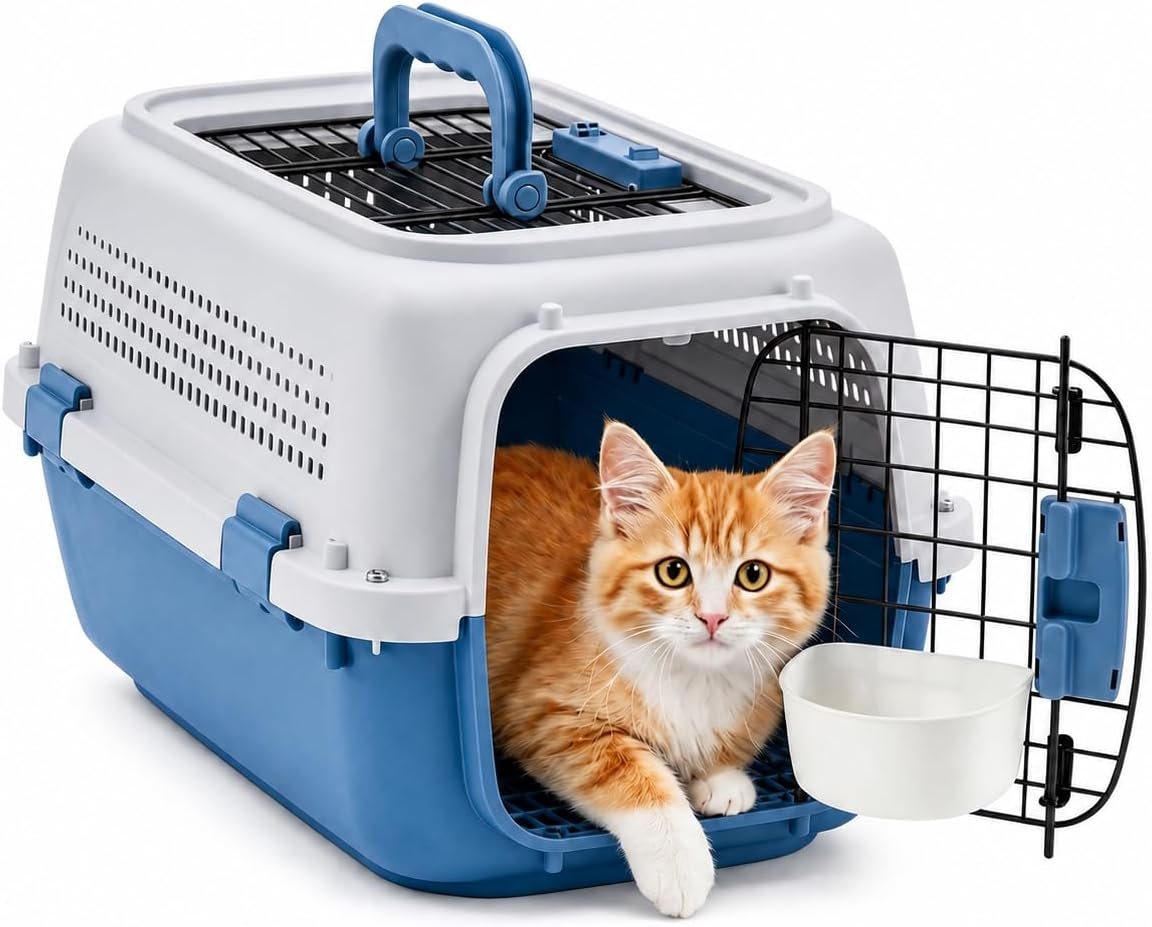 23″ Airline Approved Cat Carrier Hard Shell, Dual-Entry Pet Carrier with Top & Front Doors, Detachable Food Bowl & Secure Lock, Breathable Dog Carrier for Cats & Small Dogs Up to 22 lbs – Blue