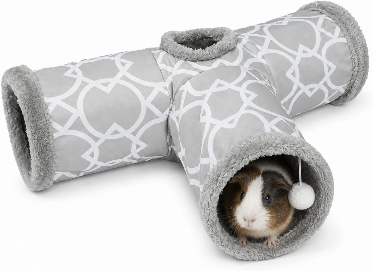 Plush Inside 3-Way Shape Small Animals Tube Tunnel with Interactive Ball for Guinea Pig, Hamster, Chinchilla, Hedgehog Hiding and Resting, Geometric Grey