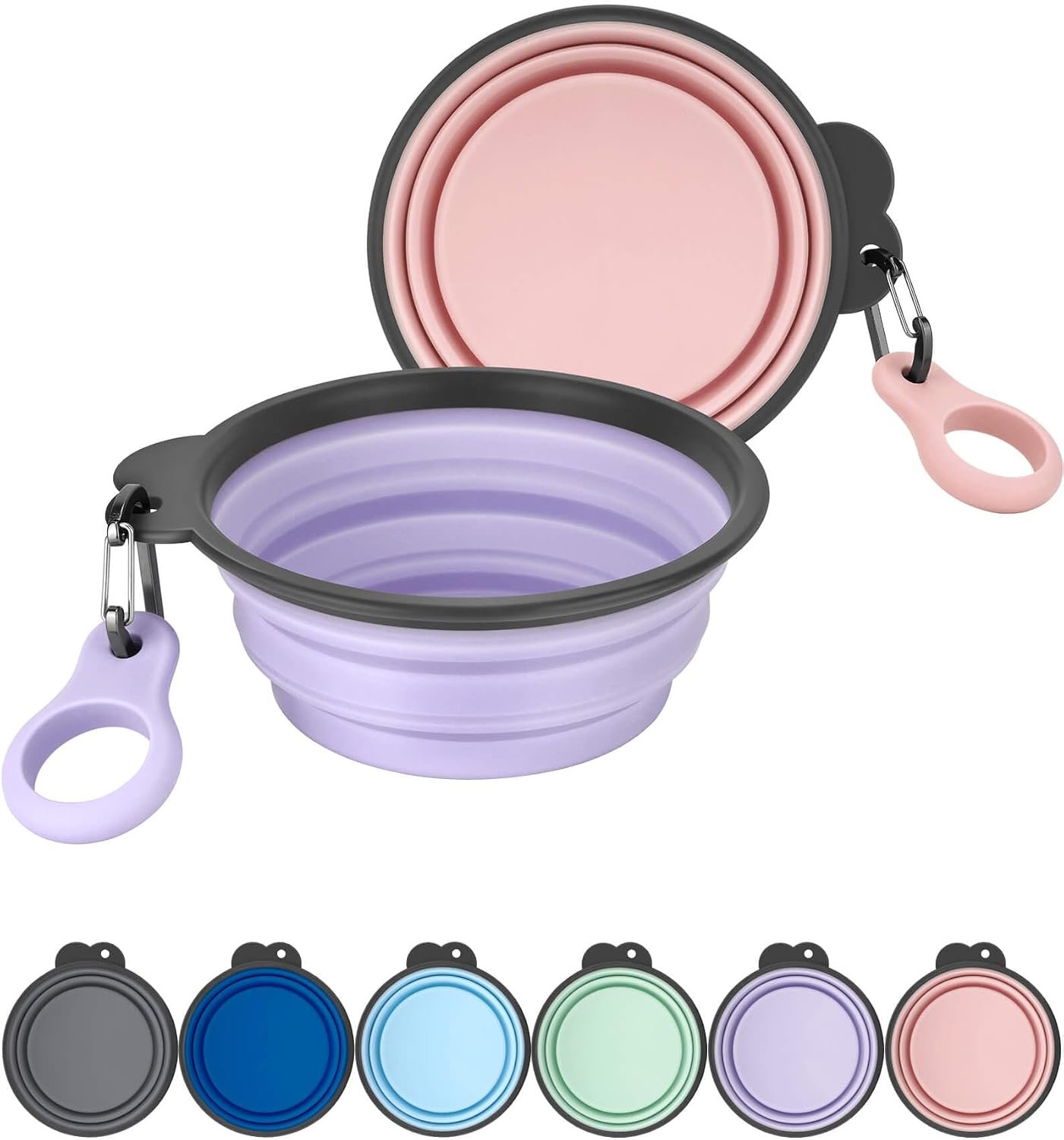2 Pack Collapsible Dog Bowls with Bottle Carrier(Small 15oz) | Upgraded Carabiner,One-piece Molded Rim Won’t Fall Off or Crack, Foldable Portable for Pets Water Drinking or Food Feeding