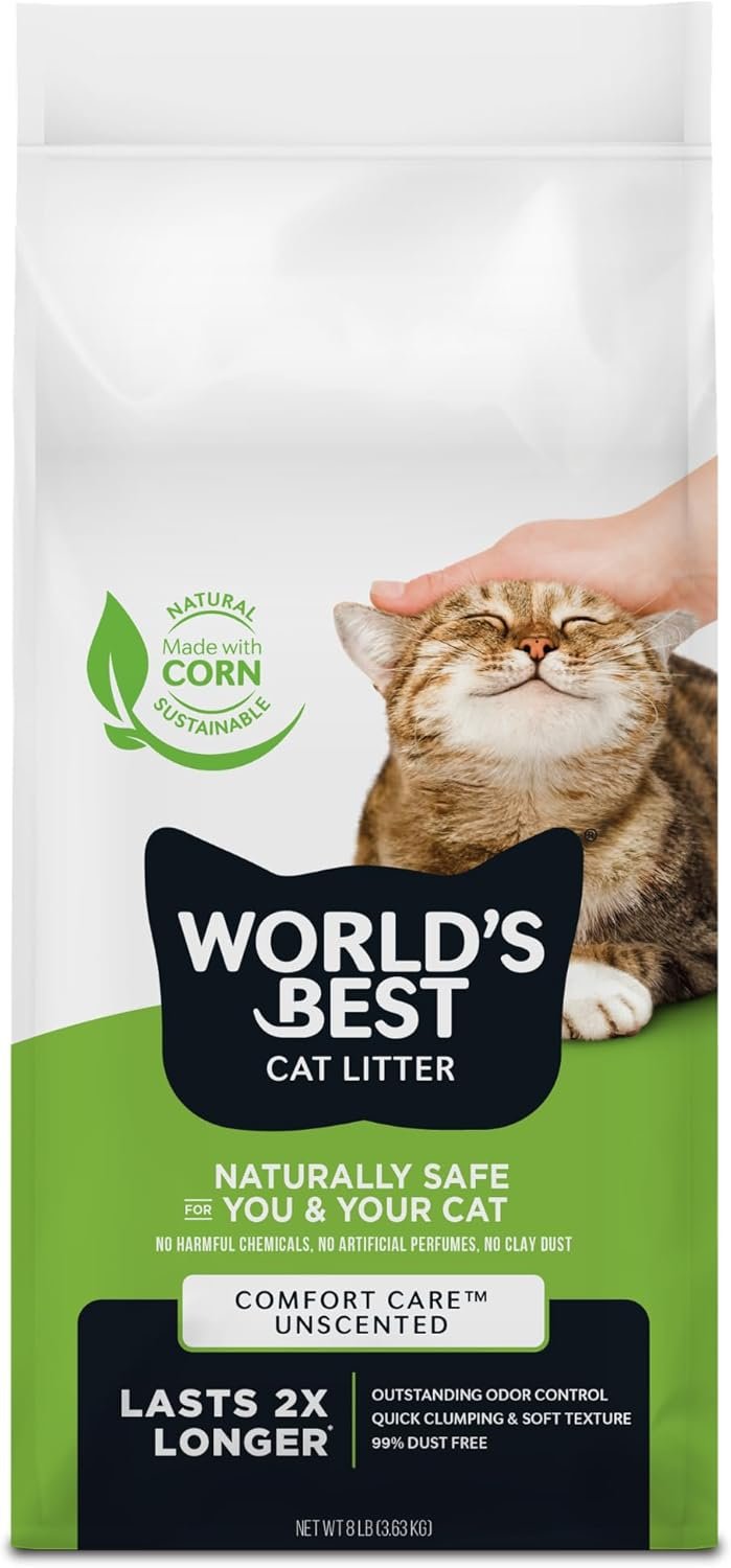 World’s Best Cat Litter, Comfort Care, Unscented, Odor Control, 8 lb Bag | Gentle odor control for sensitive cats and lasts 2x longer; natural corn litter, quick clumping, flushable, 99% dust free