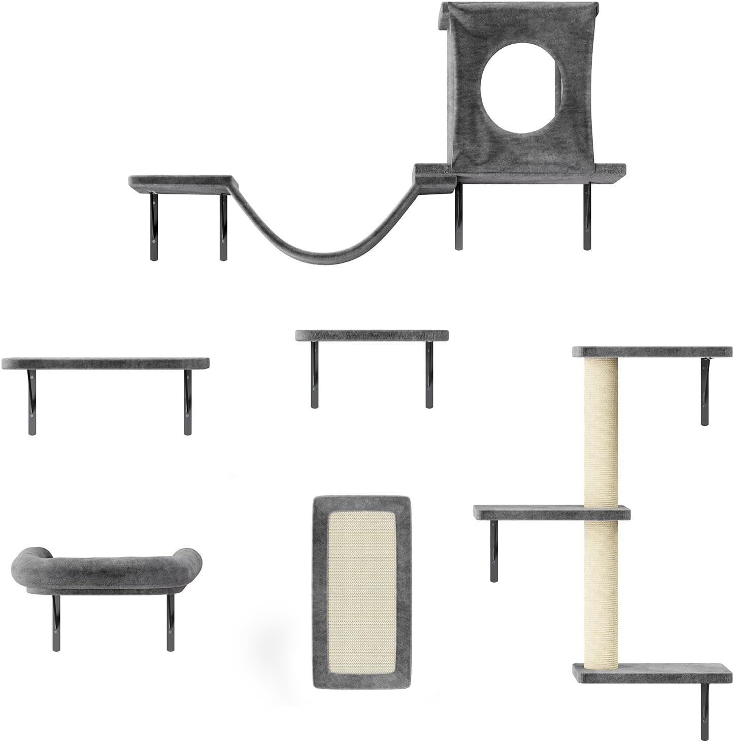 NUNU LAB Cat Wall Shelves, 6 Pcs Luxury Wall-Mounted Cat Climber Set, Dark Gray
