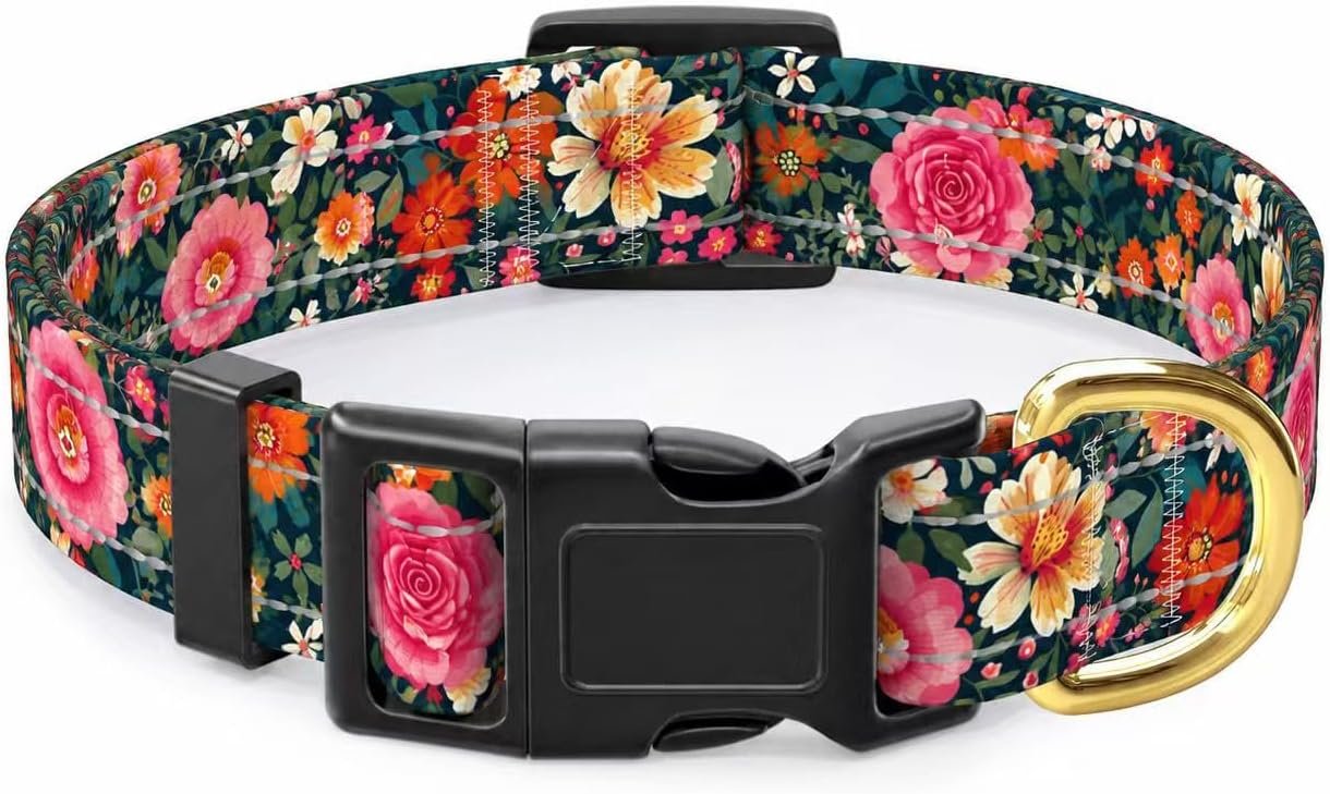 Reflective Dog Collar, Adjustable Puppy Collar, Elegant Floral, XS | Neck Fit 8-12″, Stylish Print Design, Heavy Duty Breathable Nylon, Soft Comfort Fit, Night Walking Safety, Outdoor Activities