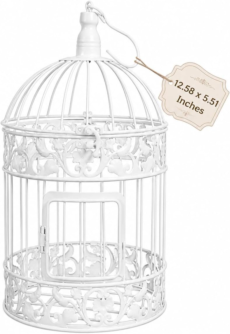 Wedding Decor Bird Cage White Metal Vintage Bird Cage European-Style Decor Birdcage Wedding Decoration Adorn, 12.59×5.51×5.51 Inches