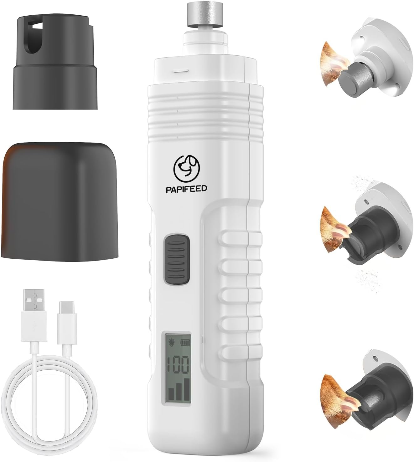 PAPIFFEED Dog Nail Grinder with LCD Display – Quiet Electric Nail Trimmer with Dual LED Light, Safe for Black & Thick Nails, Rechargeable for Small Medium Large Dogs & Cats (White)