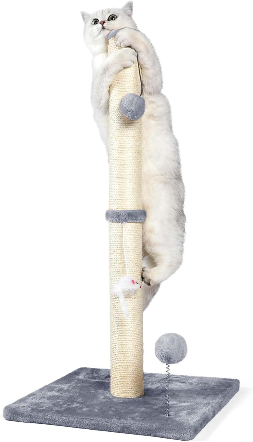 ANWA 32″ Tall Cat Scratching Posts for Indoor Cats, 3-in-1 Cat Scratching Post with Plush Toys, Premium Sisal Post for Cats at All Ages with Reinforced Stable Base, Gray