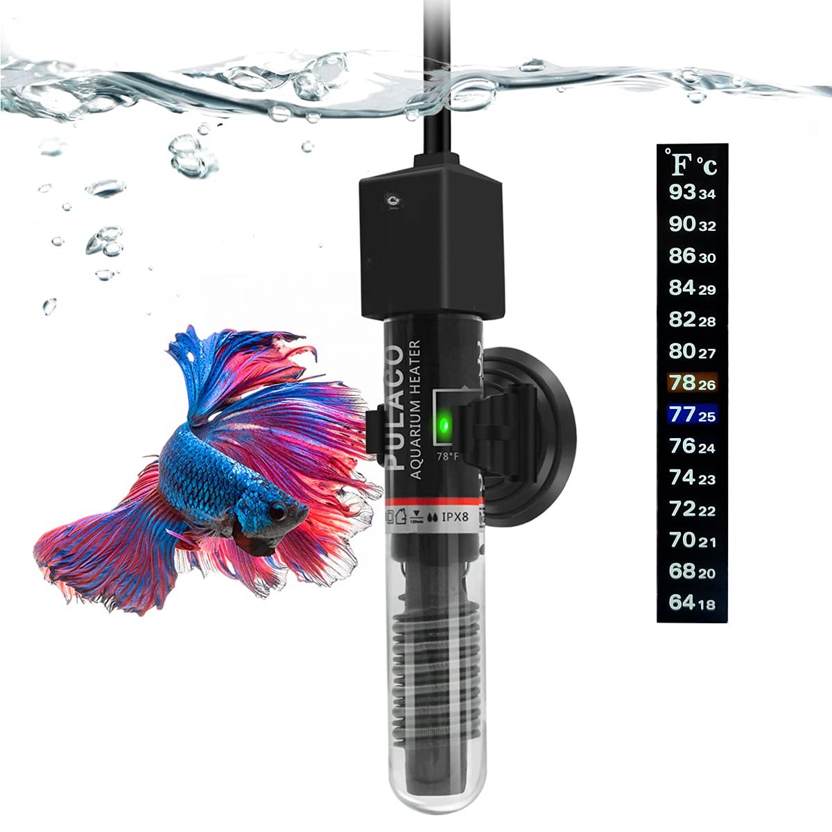 25Watt Mini Aquarium Submersible Betta Heater with Free Thermometer Strip for 1-6 Gallon Fish Tanks (Preset Temperature 78℉)