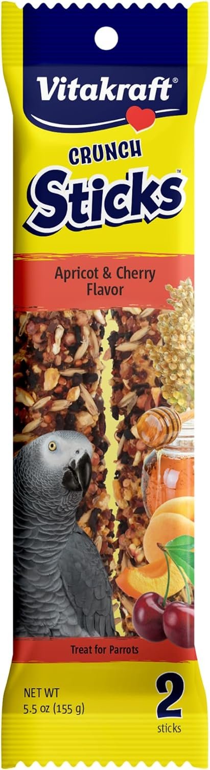 Vitakraft Crunch Sticks for Parrots Apricot and Cherry Flavor Natural Wood Chew Center with Clip Holder Long Lasting Treats for Conures and Parrots – 5.5 oz 2 Sticks