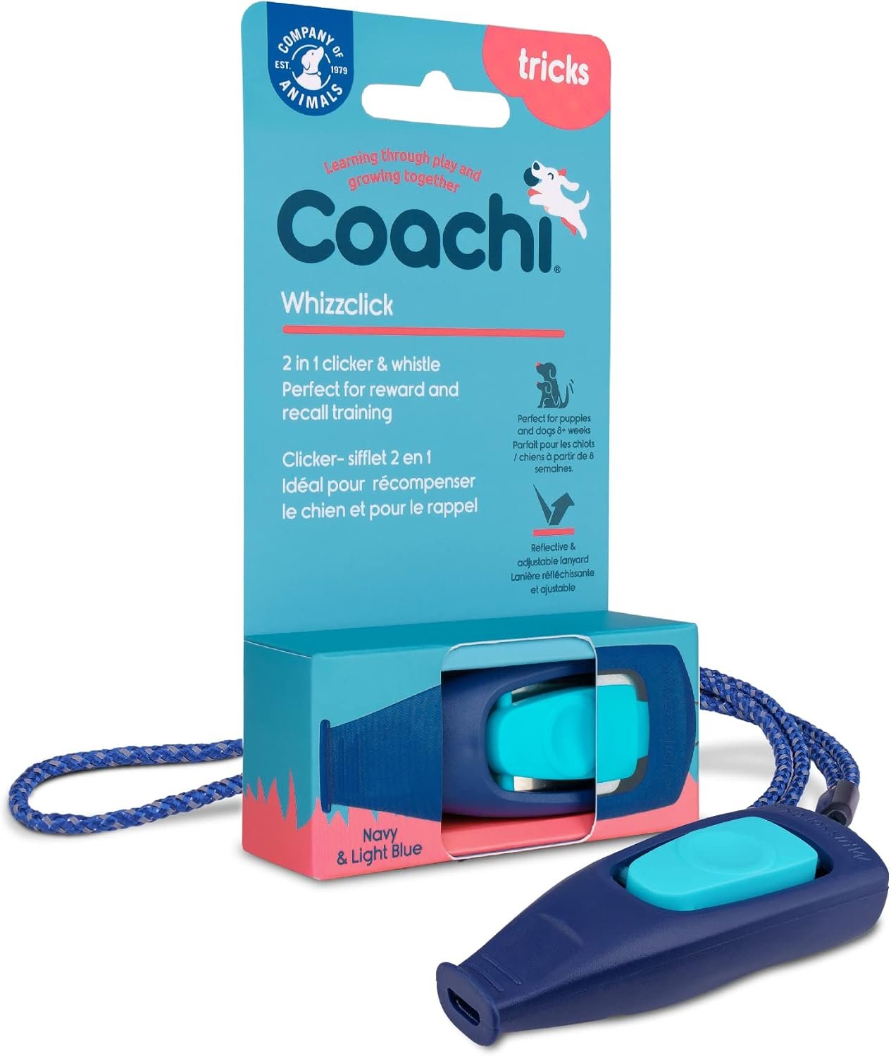 Company of Animals Coachi Whizzclick | Navy/Light Blue Button | 2-in-1 Combined Clicker and Whistle, Dog Training Whistle for Recall and Clicker Training for Rewarding, Adjustable Lanyard