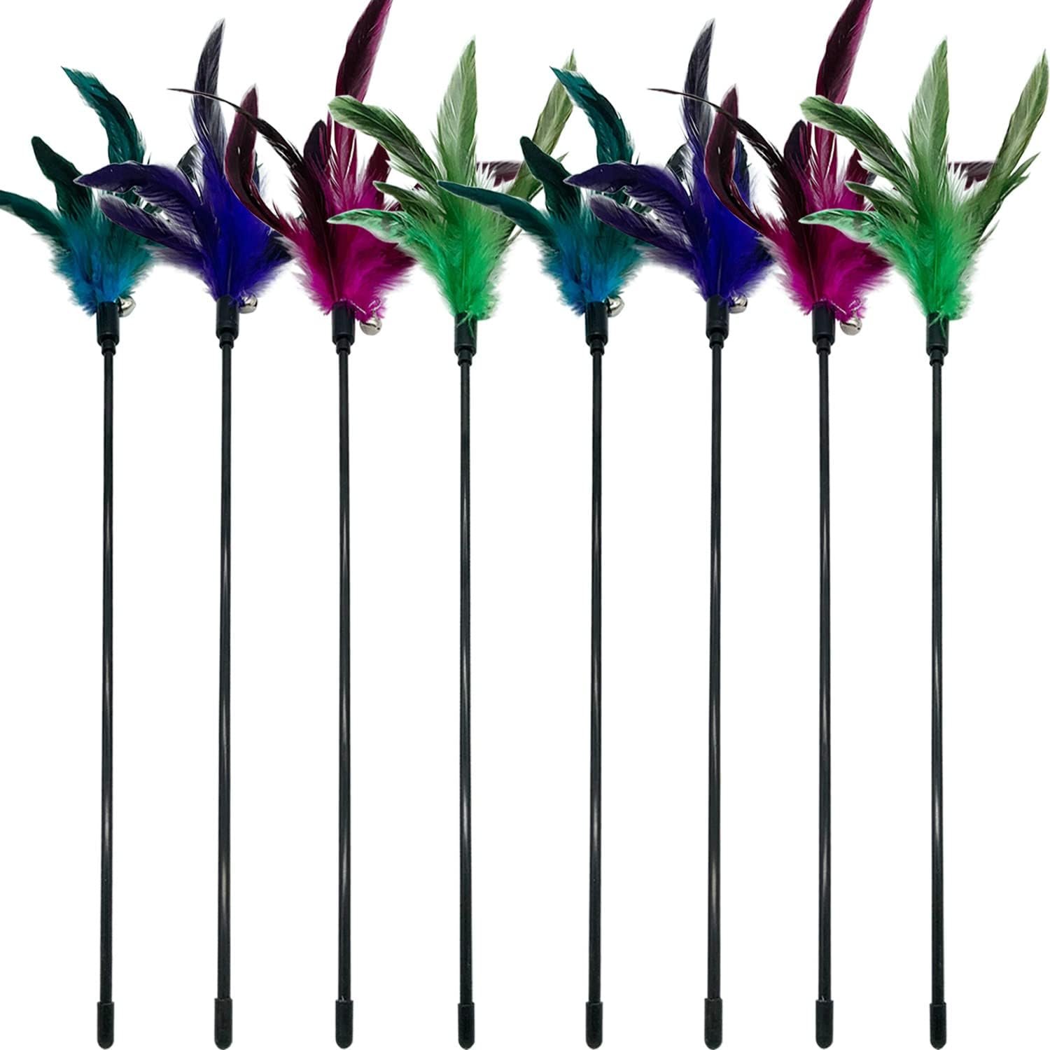 Cat Wand Toy Feather Stick Cat Toys, 8 Pieces Interactive Cat Toy Feathers Wand for Indoor Cats