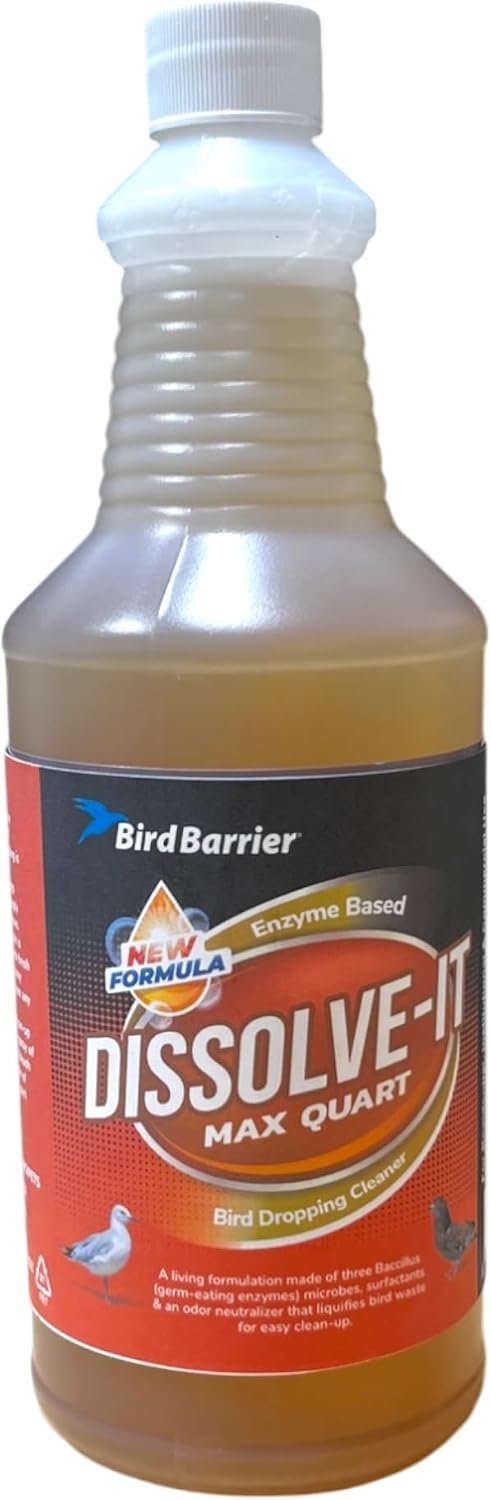 Bird Barrier Dissolve-It Max Enzyme Cleaner – Mix with Water – Bird Dropping Cleaner – Dissolves Waste – Treat Affected Areas Before Installing Bird Control Products – Bird Cage Cleaner – 1 Quart | 3:1 MAX concentrate: 3 parts water to 1. This 32 oz quart makes 1 gallon (128 oz) of bird cage & stain cleaner.