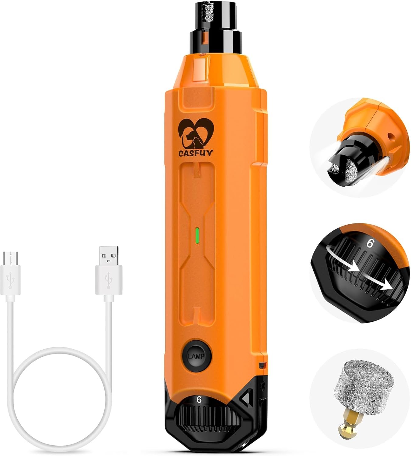 Casfuy 6-Speed Dog Nail Grinder – Newest Enhanced Pet Nail Grinder Super Quiet Rechargeable Electric Dog Nail Trimmer Painless Paws Grooming & Smoothing Tool for Large Medium Small Dogs (Orange)