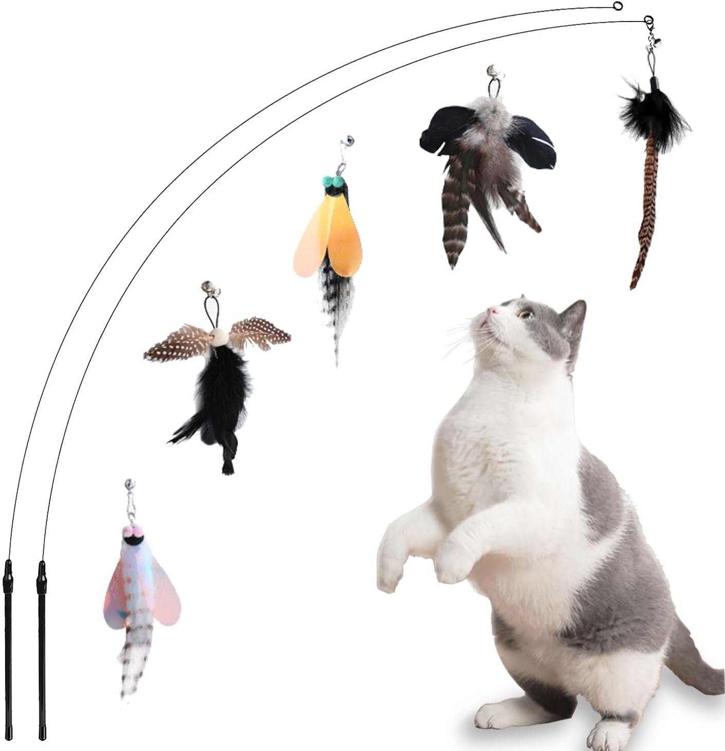 Yauende Cat Feather Toys, Indoor Cat Interactive Toys, 2 PCS Flexible Wire and 5 PCS Cat Feather Toys, for Bored Indoor Cats, Indoor Cat Chase Toys
