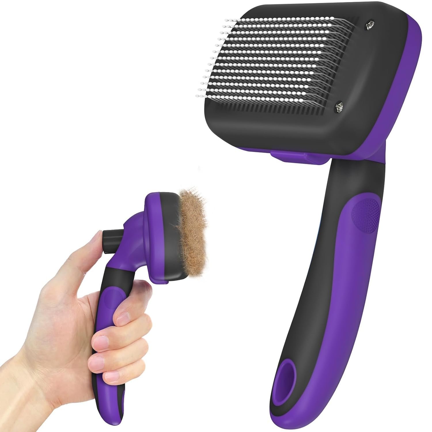 Dipoo Self Cleaning Cat & Dog Grooming Brush – Skin Friendly Deshedding Hair Brush for Haired Dogs & Puppies, Purple | Skin Friendly Grooming Deshedding Tool and Hair Removal for Long and Short Haired Pets