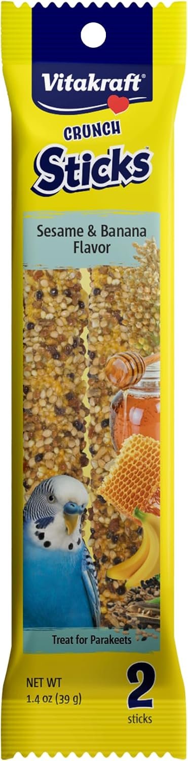 Vitakraft Crunch Sticks Parakeet Treat – 2 Sticks – Sesame and Banana Flavor – Triple Baked with Natural Wood Chew Center – Added Vitamins and Minerals with Cage Clip Holder