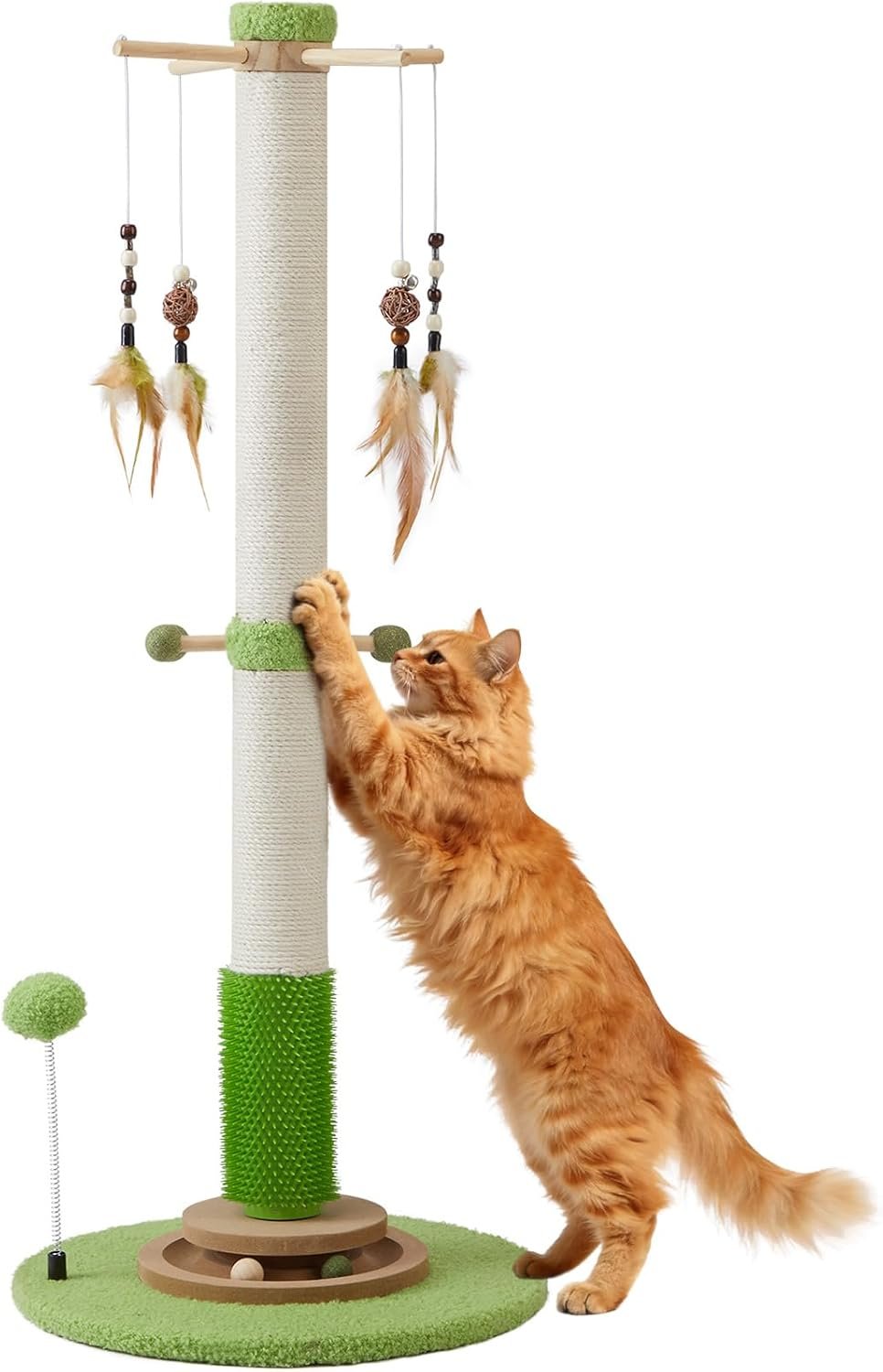 38″ Tall Sisal Cat Scratching Posts with Stable Base for Indoor Adult Cats | Sturdy Cat Scratcher Post with Rubber Brush and Interactive Wooden Ball Track for Adult Cats and Kitten Play