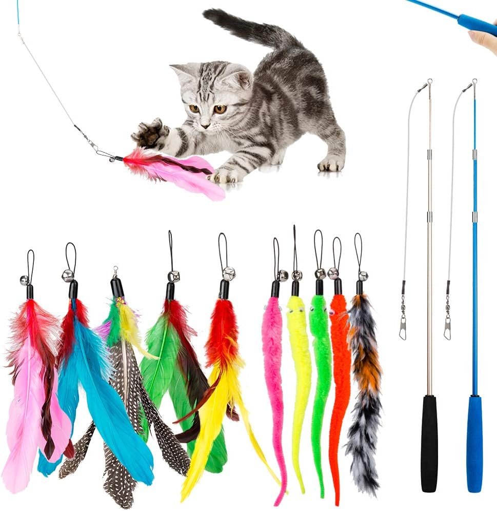 JIARON Cat Toys Interactive Feather Toy, 2PCS Retractable Wand and 10PCS Replacement Teaser with Bell Refills, Interactive Catcher and Funny Exercise for Kitten.