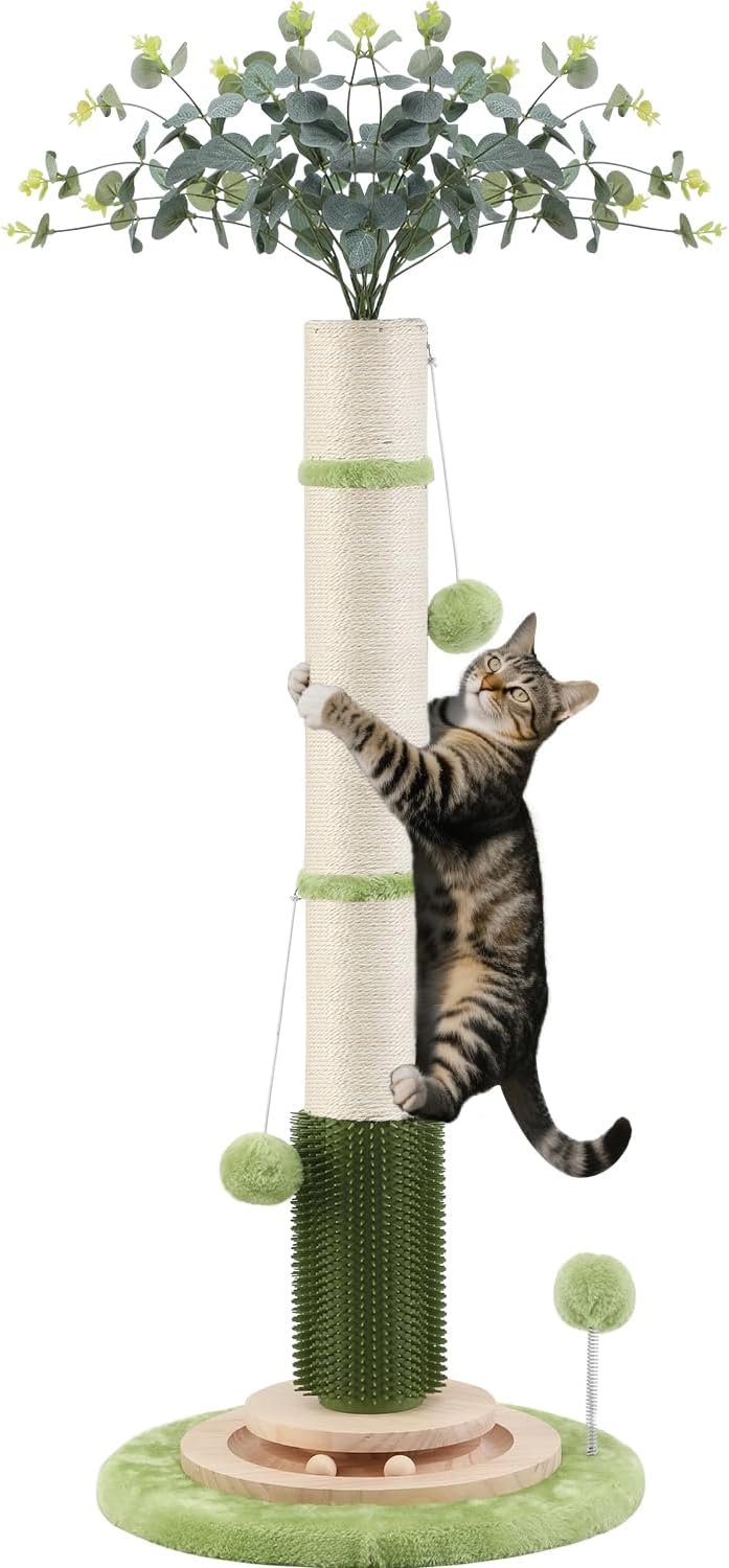 45” Extra Tall Cat Scratching Post for Large,Heavy Duty Scratcher Tree | 3.5” Natural Sisal,Wood Base,Climbing Pole Full Body Stretching,Artificial Flower,Stable Tower,Interactive Toy,Self Groomer