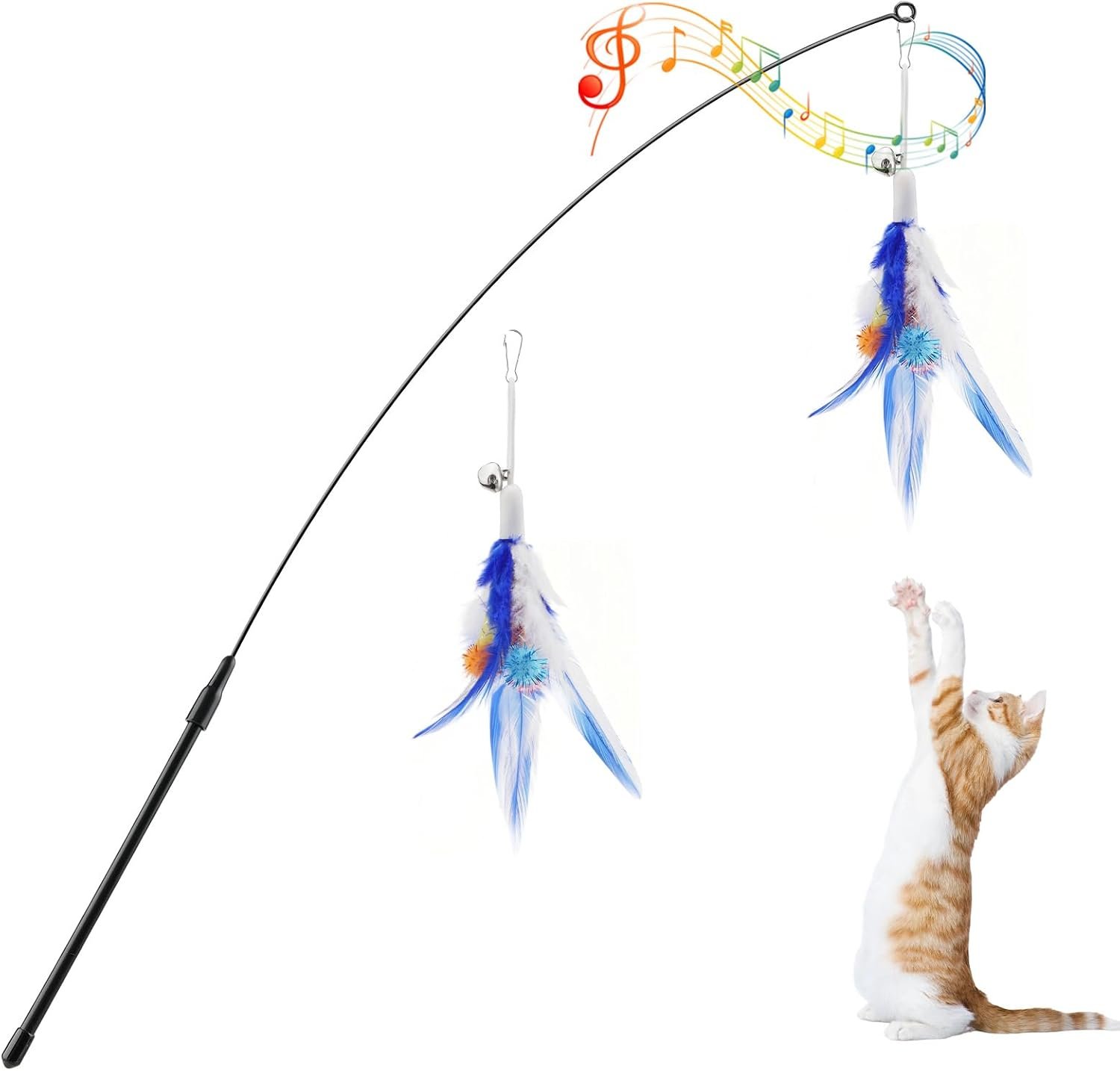 Pawaboo Cat Feather Wand Interactive Toy, 2 Feathers + 1 Wand with Bell | Cat Feather Teaser Toys Flying Catcher Extra Long 34.5″ Wand Exerciser Playing Chase Cat Toy Wands for Kitten, Blue