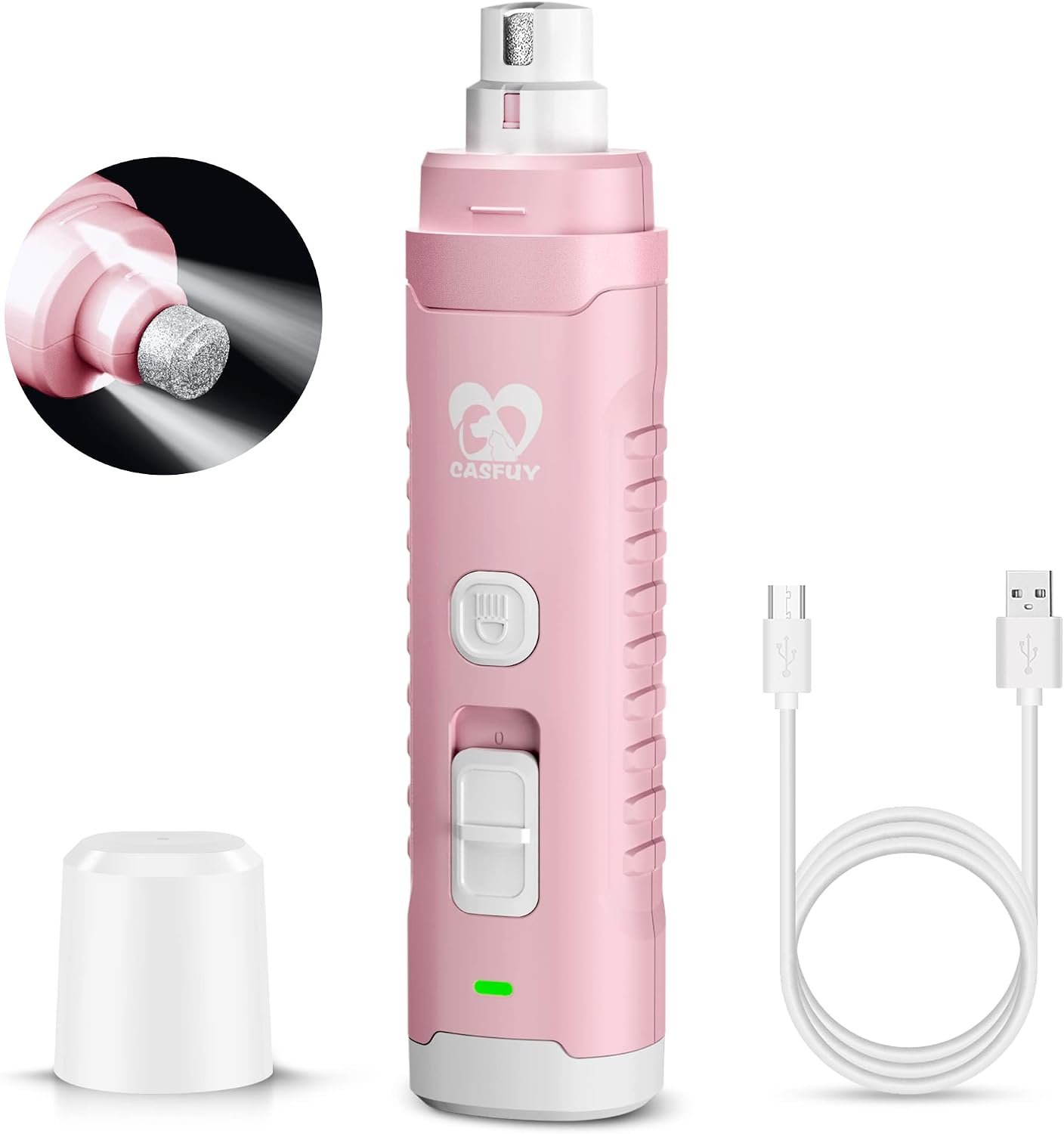 Casfuy Dog Nail Grinder with 2 LED Light for Large Medium Small Dogs – 3X More Powerful 2-Speed Electric Pet Nail Trimmer Rechargeable Quiet Painless Paws Grooming & Smoothing Tool
