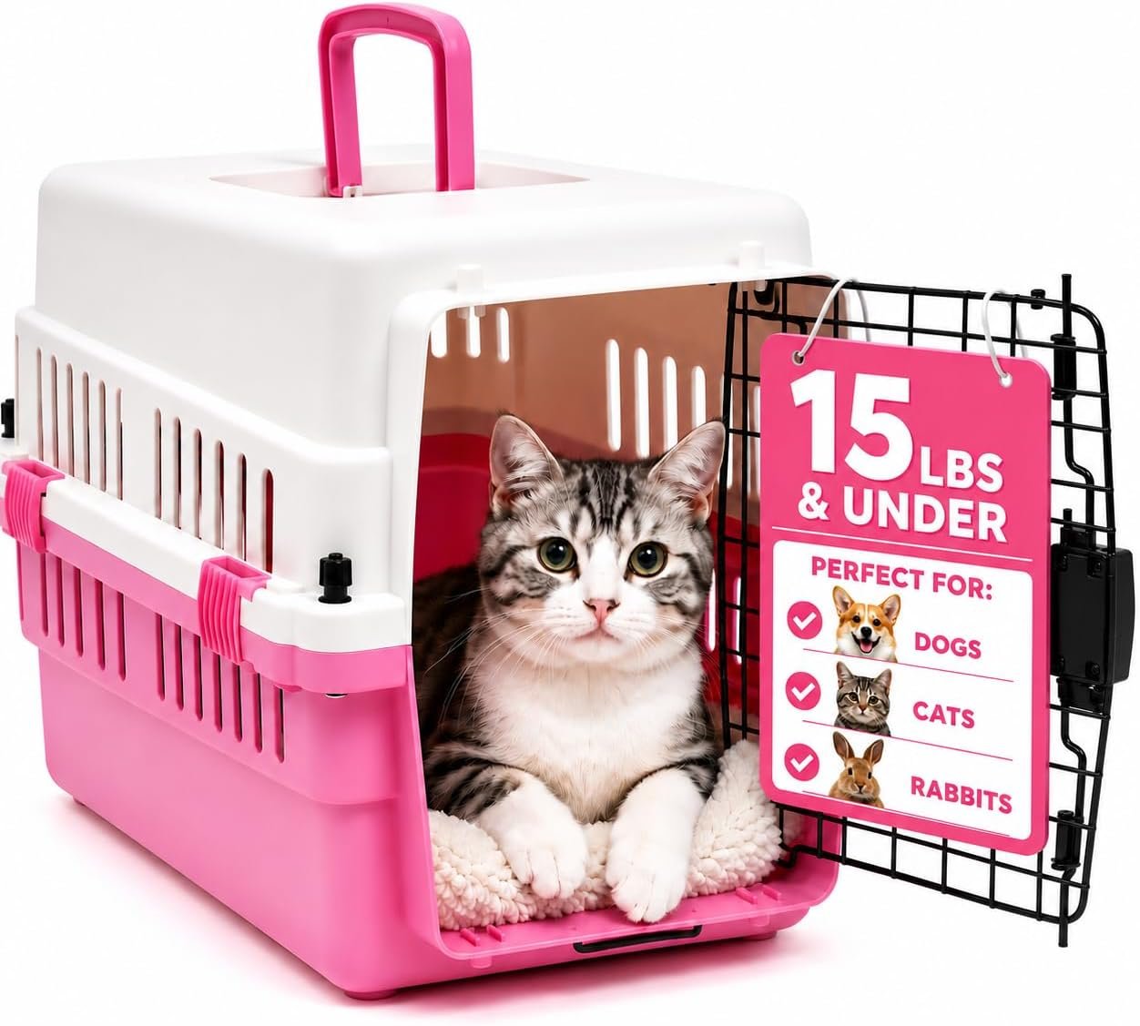 20-Inch Pink Hard Shell Pet Carrier for Small Dogs & Cats Under 15 Lbs | Plastic Dog Crate & Cat Travel Kennel, Secure Metal Door, 360° Airflow, Wipe-Clean Base