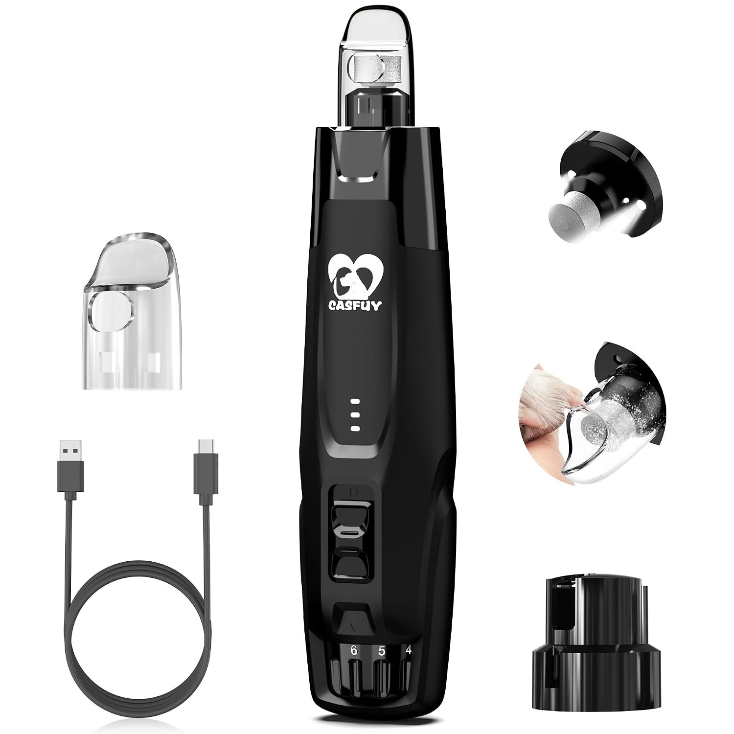 Casfuy New 6-Speed Dog Nail Grinder – 50% More Power Dog Nail Trimmers with 2 LED Lights Quiet 7h Running Time Electric Pet Nail Grinder File Toenail Grinder for Large Medium Small Dogs & Cats (Black)