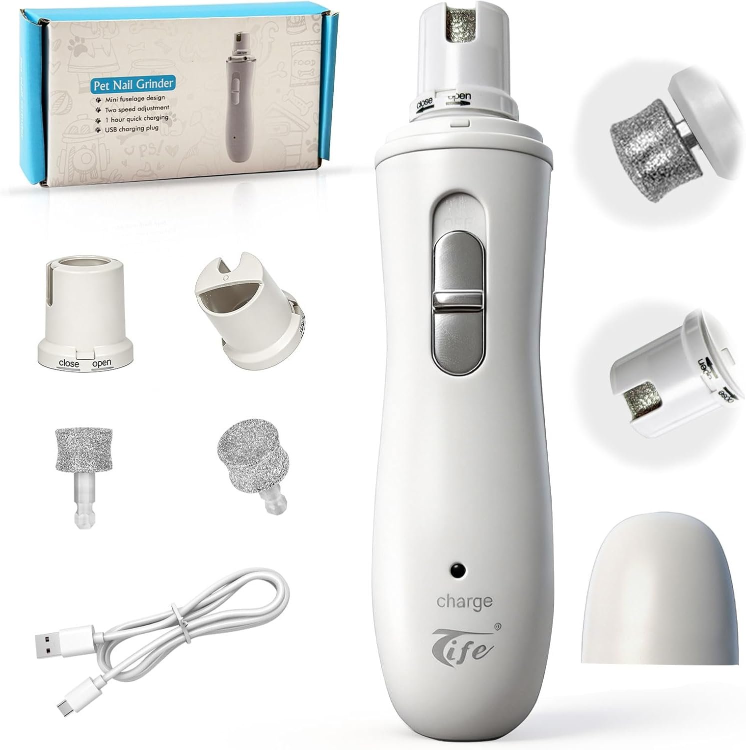 Tife 2-Speed Pet Nail Grinder, Quiet Low Vibration Nail Trimmer. | Dos velocidades ajustables, bajo ruido y vibración para cortar uñas sin estrés a mascotas.