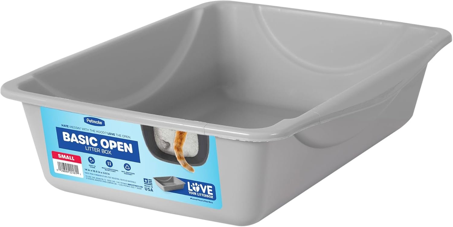 Petmate Basic Open Cat Litter Pan, Multidirectional Easy to Clean Plastic Litter Box, Gray, Made in USA, 14″ x 10.5″ x 3.5″, Small Recommended for Kittens and Small Cats