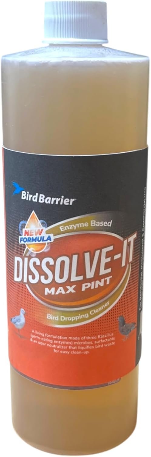 Bird Barrier Dissolve-It Max Enzyme Cleaner – Bird Dropping Cleaner – Dissolves Waste – Treat Affected Areas Before Installing Bird Control Products – Cleans pet stains – 1 Pint Makes 1/2 Gallon | 3:1 MAX concentrate: 3 parts water to 1. This 16 oz pint makes 1/2 gallon (64 oz) of bird cage & stain cleaner.