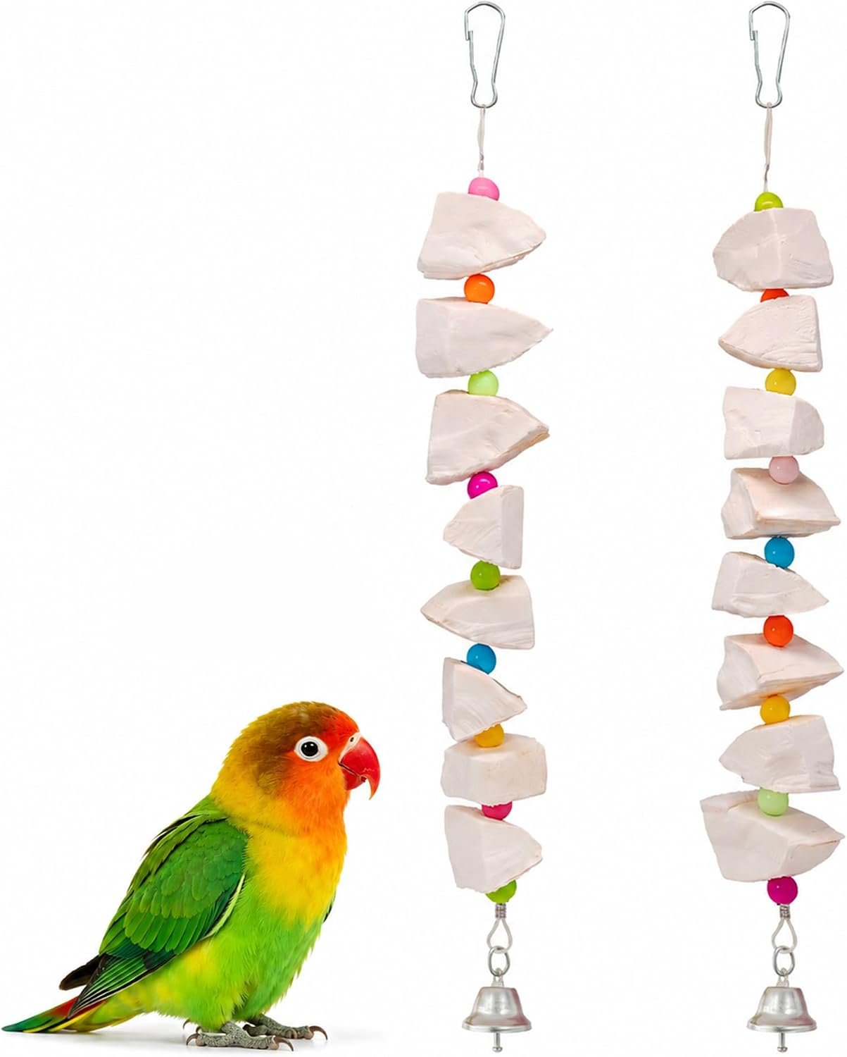 2 Pack Bird Toys with Cuttlebone & Beak Grinding Stone–Cage Accessories for Parakeets, Budgies, Cockatiels, Lovebirds, Green Cheeks & Small to Medium Birds