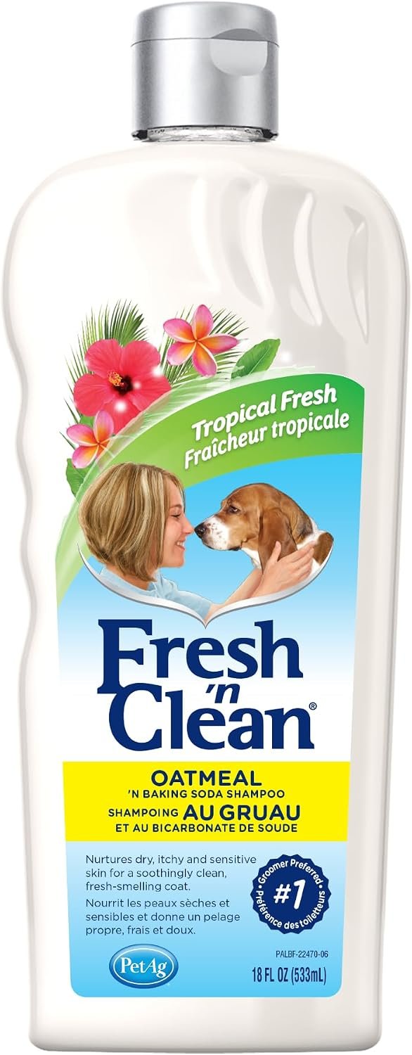 PetAg Fresh ’n Clean Oatmeal ’n Baking Soda Shampoo – Tropical Fresh Scent – 18 oz – Nurtures Dry, Itchy & Sensitive Skin with Vitamin E & Aloe – Strengthens & Repairs Coats – Soap Free