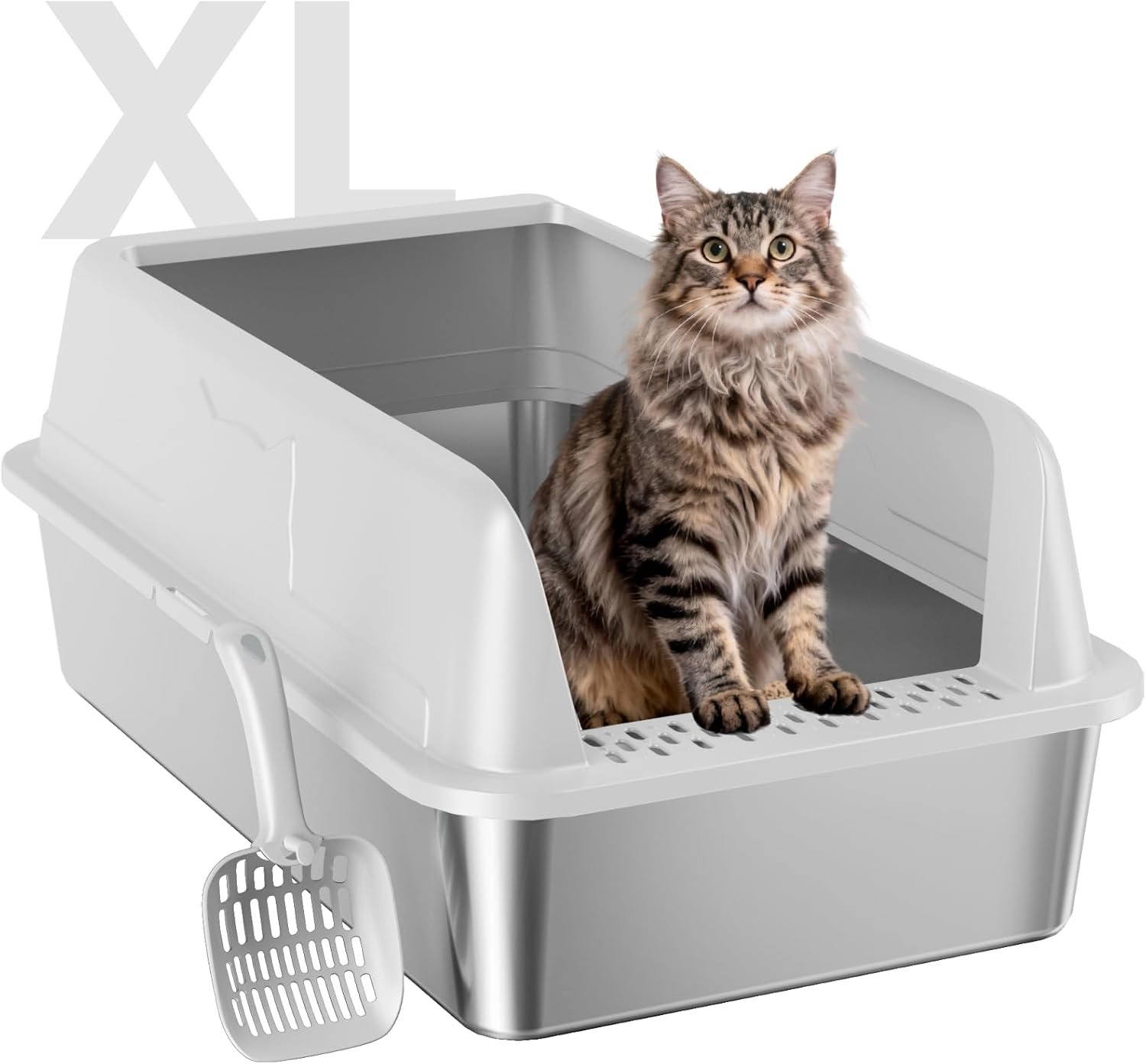 Stainless Steel XL Cat Litter Box for Cats,Gray | High-Sided Design Prevents Urine Leakage,Non-Stick,Easy to Clean,Includes Scoop,Gray