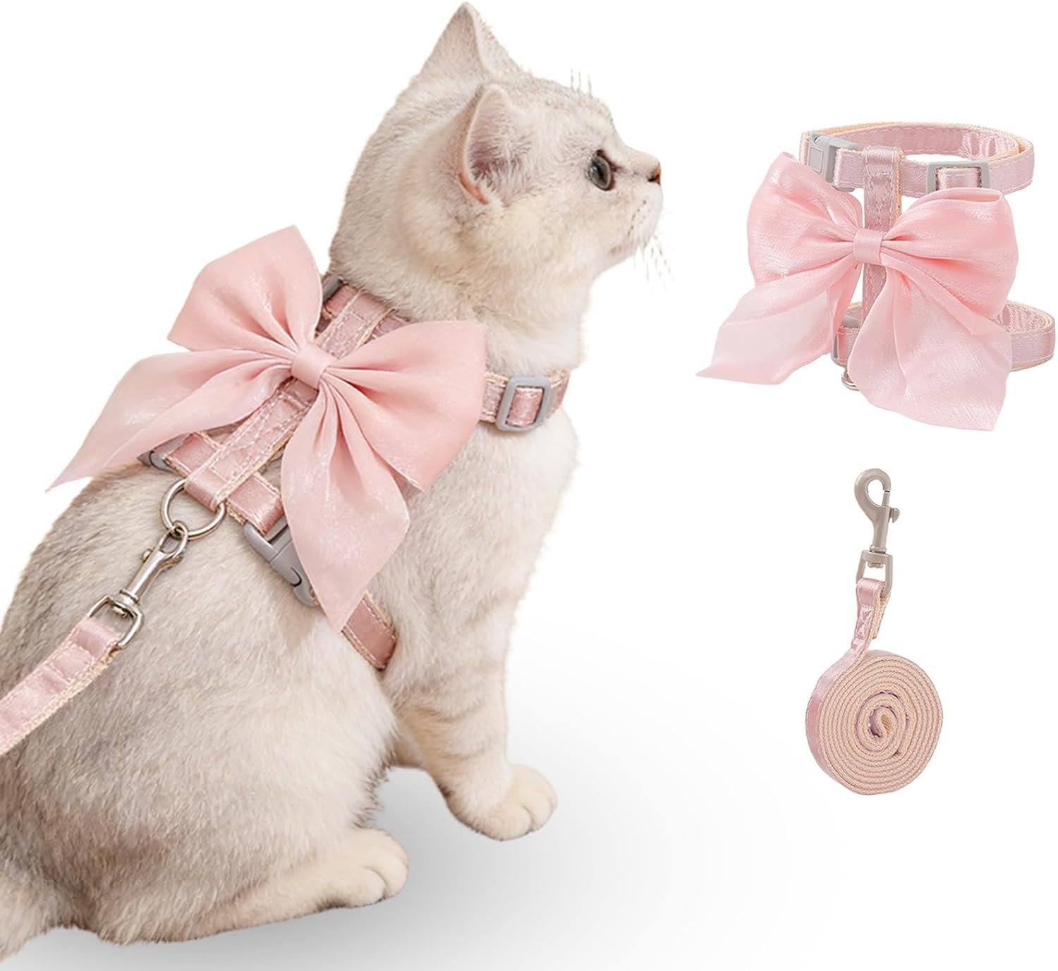 Tensho Pink Bow Cat Harness and Leash Set, Escape Proof, S | Silk Bow Decor, Soft Satin Front, Durable Nylon Lining, Adjustable Fit, Kitten Harness for Small & Average Girl Cats Walks
