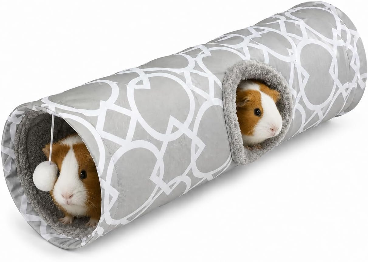 Plush Inside Stright Shape Small Animals Tube Tunnel with Interactive Ball for Guinea Pig, Hamster, Chinchilla, Hedgehog Hiding and Resting, Geometric Grey