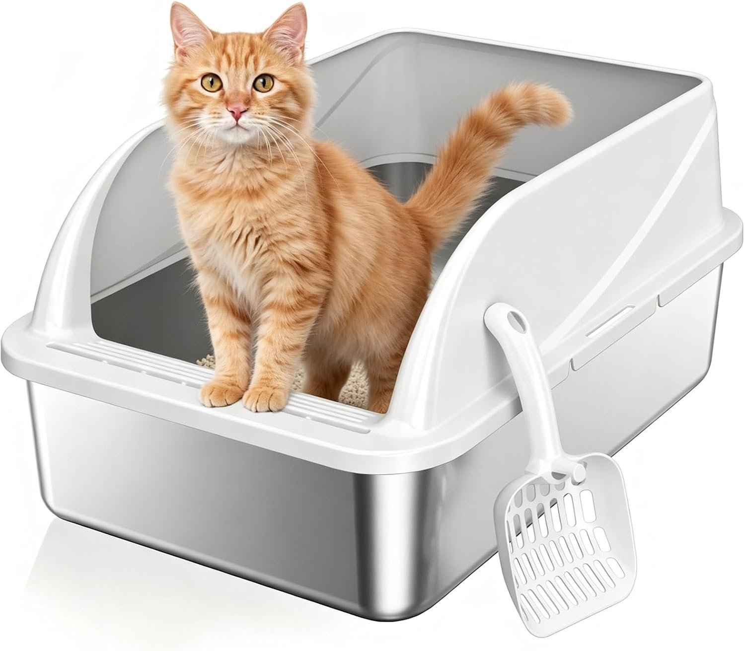 Stainless Steel High-Sided Cat Litter Box with Scoop – Medium | Open top litter pan for indoor cats. Easy to clean design significantly reduces litter scatter.