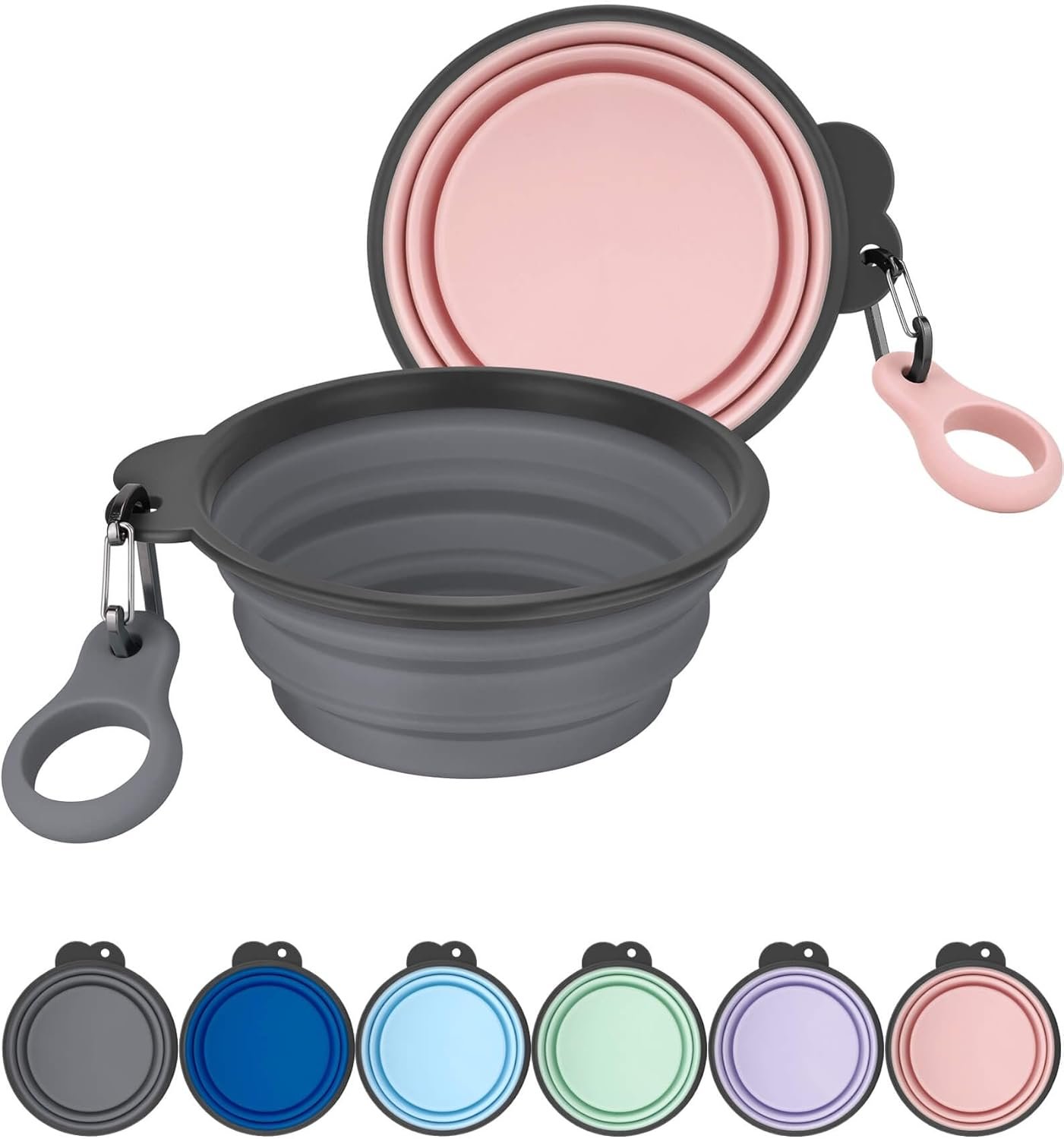 2 Pack Collapsible Dog Bowls with Bottle Carrier(Small 15oz) | Upgraded Carabiner,One-piece Molded Rim Won’t Fall Off or Crack, Foldable Portable for Pets Water Drinking or Food Feeding