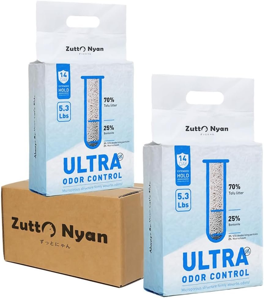Zutto Nyan 4 in 1 Mix Tofu Cat Litter – Fast Clumping, Flushable, Low Tracking, 99.9% Dust Free. Nature Plant-Based Pellets and Bentonite Sustainable,Ultra Odor Control (5.3lb x 2 Bag)