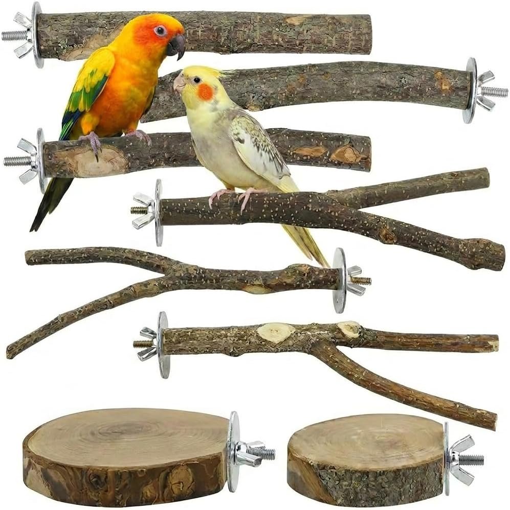 8PCS Bird Perch Stand, Natural Wood Parrot Stand Branch Paw Grinding Y Fork,Bird Cage Branch with Wooden Hanging Perch Platform Hammock Swing Toy for Small Parakeets,Budgies,Cockatiels,Conures,Finches