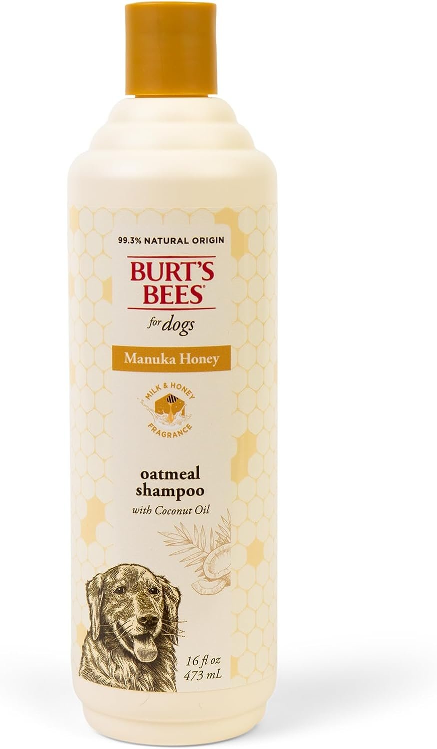 Burts Bees for Pets Manuka Honey Oatmeal Shampoo, Milk and Honey, 16 Fl Oz | Colloidal oatmeal and coconut oil, 95%+ natural origin, sulfate- and paraben-free, milk and honey scent