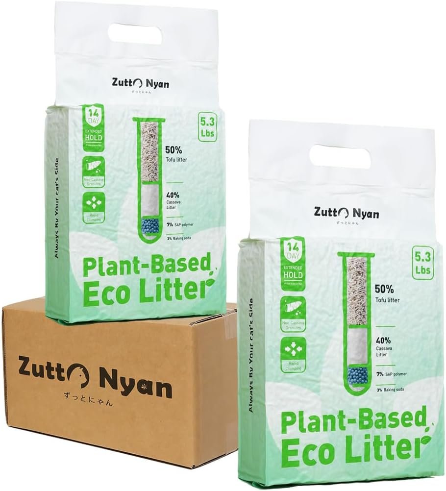 Zutto Nyan 4 in 1 Cassava Cat Litter – Advanced Fast Clumping, Flushable, Low Tracking, 99% Dust Free. Natural Plant Based,Pet Friendly, Great for All Cats, Sensitive Paws, Kittens(5.3 lbs x2 Bag)