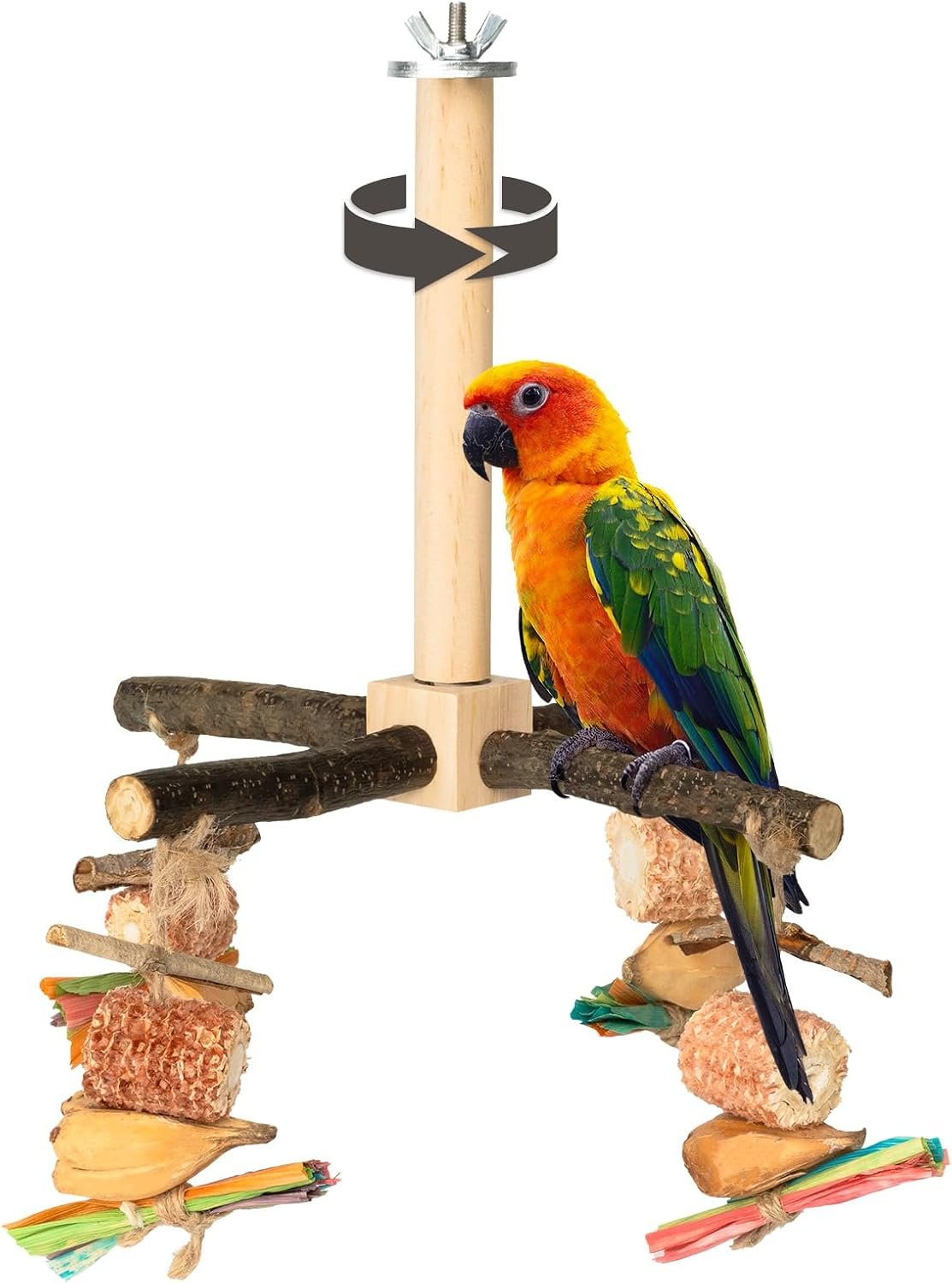 Agape Rotating Parrot Perch with Chew Toy, Wooden Stand for Small Birds | Natural Bird Cage Accessory for Parakeets, Cockatiels, Lovebirds, Conures, Budgies, Helps Reduce Boredom & Encourage Exercise