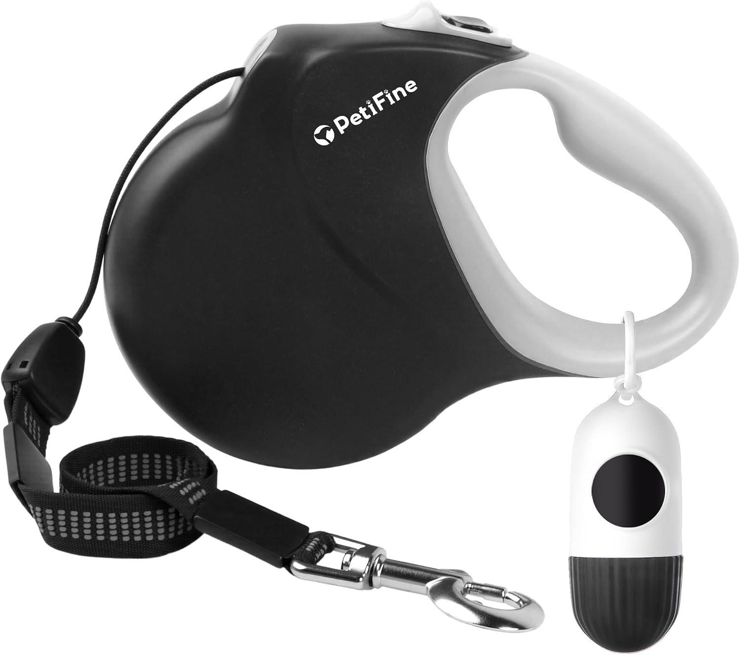 PetiFine 30FT Retractable Dog Leash with Poop Dispenser for Large Dogs 50kg | Chew Proof Wire,One-Handed Brake System,360° Tangle-free,Anti-Slip Soft Grip,Include 20 Poop Bags