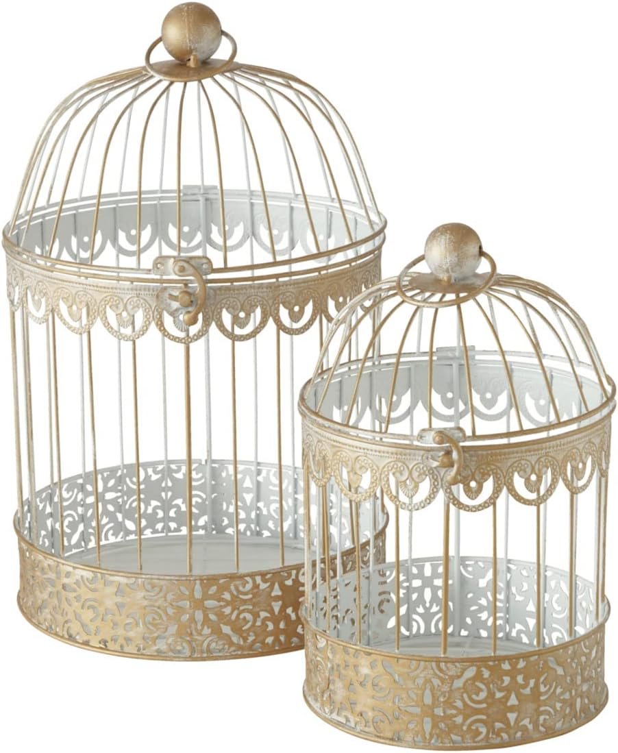 Hamptons Romantic Gold Bird Cages, Set of 2, Decorative, Table Top Centerpieces, Latch Top, Metal, Handmade, 11.75 and 15.75 Inches