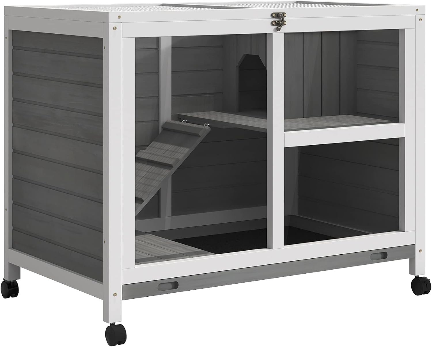 PawHut Rabbit Hutch with Wheels, Desk and Side Table Sized, Wooden Rabbit Cage, Waterproof Small Bunny Cage with Removable Tray, Openable Roof, for Indoor & Outdoor, Gray | Wooden Rabbit Cage, Waterproof Small Bunny Cage, Removable Tray, Openable Roof, for Chickens, Ducks, Indoor/Outdoor
