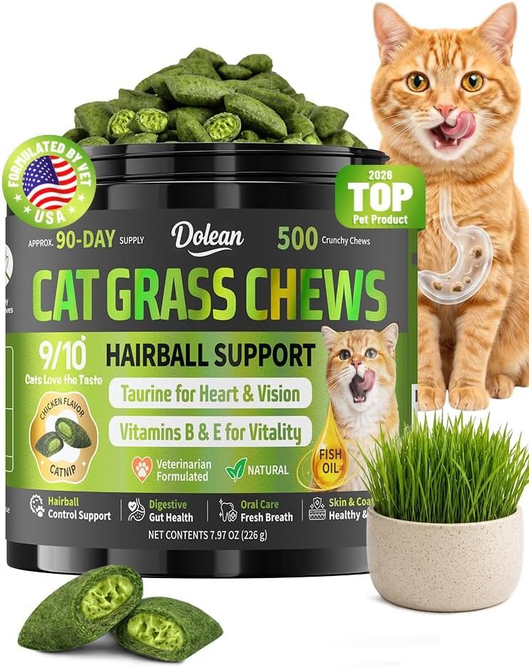 Cat Grass Treats, Hairball Treatment for Cats, for Indoor Cats, 500 Chews | Fish Oil for Skin & Coat, Taurine for Heart Vision, Digestion, Essential Vitamins of All Ages, Chicken Crunchy & Creamy