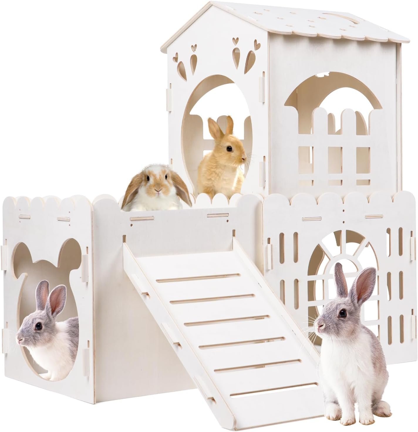 Large Rabbit House, Wooden Bunny Castle with 3 Houses Indoor, Rabbit Guinea Pig Cage Multistory Climbing Tower Sturdy Wooden Castle, Small Animal Hideaway Tunnel